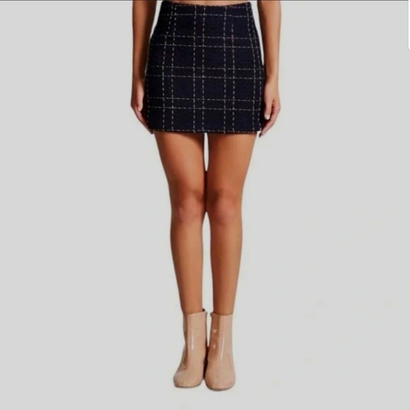 Forever 21 Windowpane Plaid Mini Skirt Sz 8 Tweed Blue Metallic Tinsel Academia - Picture 3 of 5